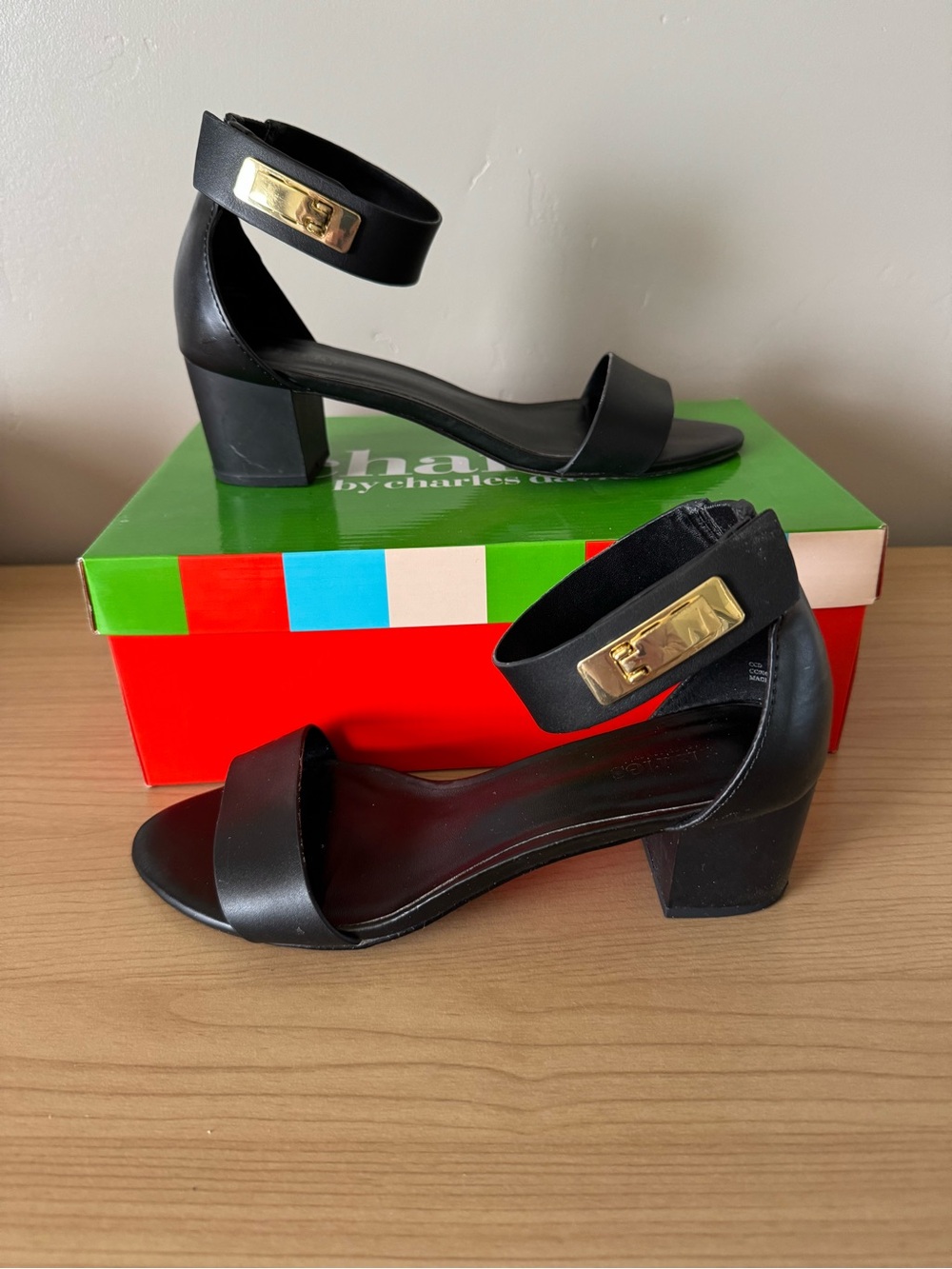 Charles By Charles David Black Block Heel Ankle-Strap Sandals with Gold Plate